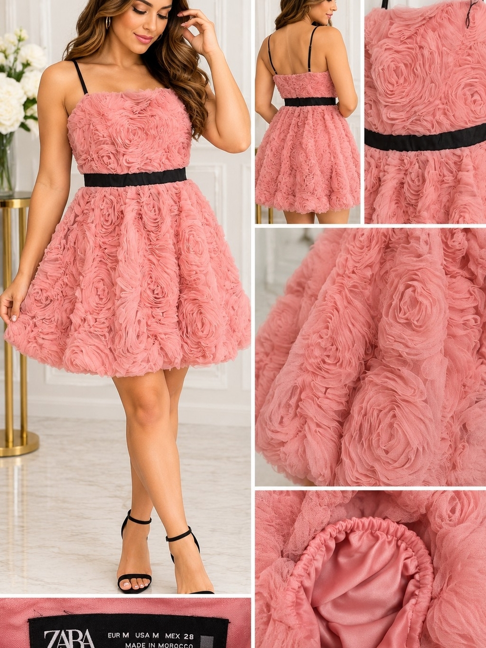 Zara Dusty Pink Rosette Mini Dress with Black Waistband